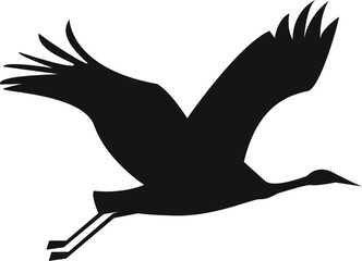 A black crane flying in the sky. A contour illustration for the design of a postcard.