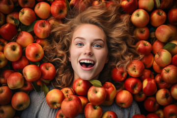 Fototapeta na wymiar headshot portrait of a smiling young girl totally covered in red apples