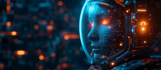 Artificial intelligence concept. Digital human head, face. Cyber mind.	
