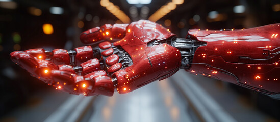 Robot extends its hand. Open palm. Sign of friendship, help, social contact. Artificial intelligence, cyborg, future.	
