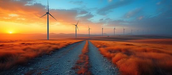 Wind turbines. Panoramic field at sunset. Alternative energy generator. Green power, electricity. Renewable energy, ecology concept. Windmill	
 - obrazy, fototapety, plakaty