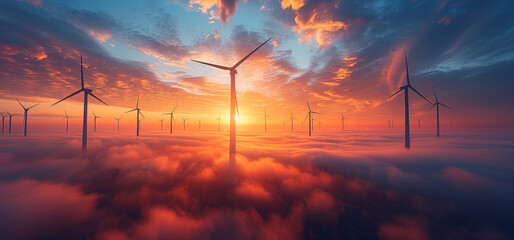Wind turbines. Panoramic landscape at sunset. Alternative energy generator. Green power, electricity. Renewable energy, ecology concept. Windmill	
