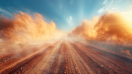 Car sand cloud on dusty road. Scattering on track after a rapid movement. Realistic modern image. - obrazy, fototapety, plakaty