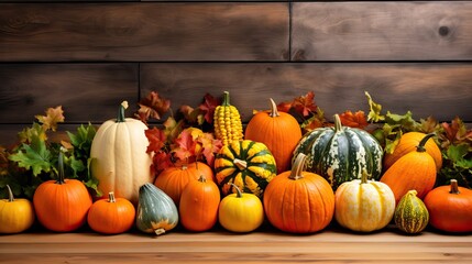 Colorful Pumpkin Harvest on Wooden Table