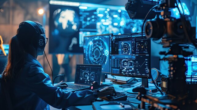 Woman Working in Information Center with Monitors - Powered by Adobe