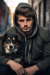 Young Man in Hoodie Hugging Small Dog on City Street