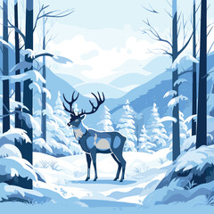 Deer in the forest winter landscape. Deer in the woods among the trees. Vector illustration.