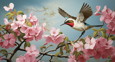 Delicate Bird Amongst Cherry Blossoms Painting. Beautiful painting of a tiny bird hovering gracefully near a cluster of cherry blossoms. The soft brushstrokes and pastel colors dreamlike quality