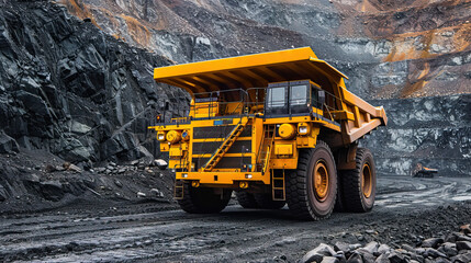 Large Yellow Mining Dump Truck in Open-Pit Mining Site