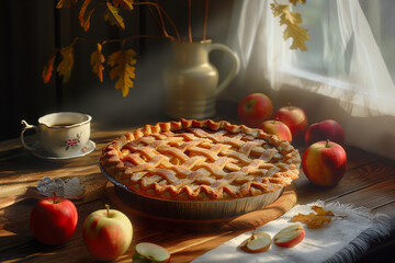 Apple pie with fresh fresh red apples on a wooden table in a cozy kitchen in autumn - 781145971