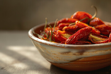 Sun dried red tomatos in a bowl on a table. Ingredient for Italian cuisine. - 781145972