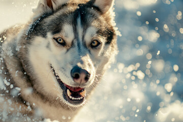 Closeup of the head of a husky dog outdoors in snow - 781145975