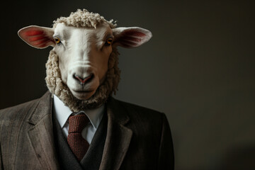 Person in suit and tie with sheep head - symbol of conformity and obedience - obrazy, fototapety, plakaty