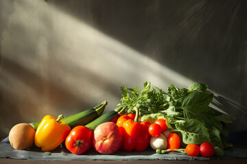Fresh tomatos, bell peppers, zucchini, fruits and leafy vegetables on a table. Healthy vegetarian food. - 781145979