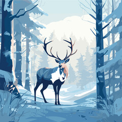 Deer in the forest winter landscape. Deer in the woods among the trees. Vector illustration.