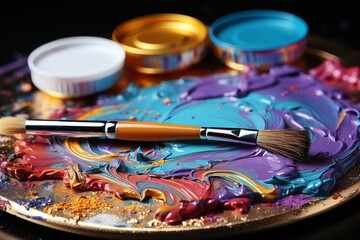 Obraz premium An art studio filled with colorful canvases, paintbrushes, and the creative process in action