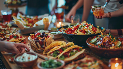 The tacos look absolutely tantalizing, begging to be devoured. Their crispy shells, overflowing with juicy fillings and vibrant toppings, promise a burst of flavor with every mouthful. - obrazy, fototapety, plakaty