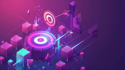Symbolic goals achievement, success and competitors victory on ultraviolet webpage background, isometric modern illustration. Two round dart board with arrow flying to bullseye.