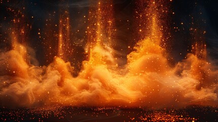 The effects of gold sand explosions and pours falling dust, and glitter particles, isolated on a transparent background. Swirling shimmery clouds and splashes of yellow sand powder.