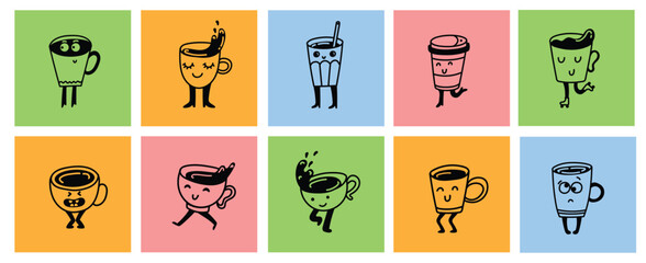 Set of retro doodle funny characters posters. Vintage drink vector illustration. Latte, cappuccino, coffee cup mascot. Nostalgia 60, 70s, 80s. Print for cafe
