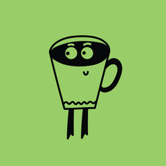 Retro doodle funny character poster. Vintage drink vector illustration. Latte, cappuccino, coffee cup mascot. Nostalgia 60, 70s, 80s. Print for cafe - 781146924