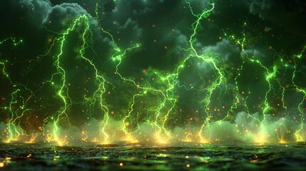 Lightning, thunderbolt strikes isolated on black background. Horizontal ground cracks with magic green glow. Electric impact, sparks of thunderstorm at night.
