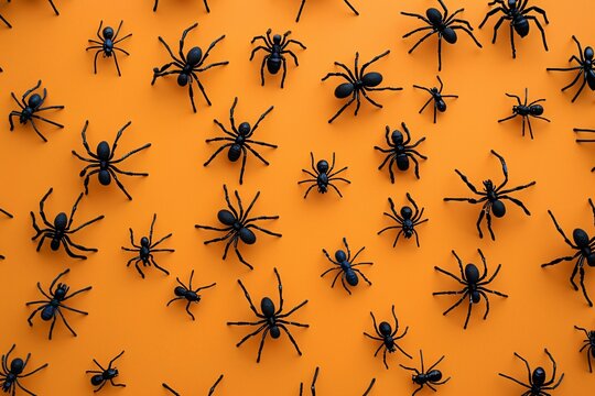 a group of black spiders on an orange background
