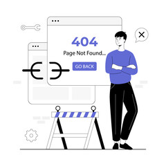 Broken link. Wrong site address and technical problems. 404 error page not found. People holding a broken chain. Vector illustration with line people for web design.
