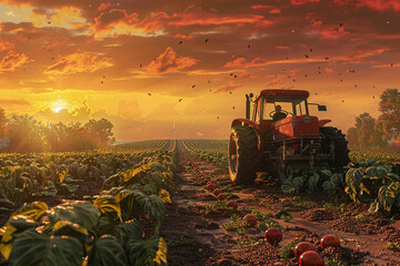 Sunset Over Farmland with Tractor Among Rows of Lush Crops and Ripe Fruits
