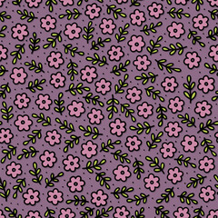 messy delicate pink purple botanical tiny flowers and leaves spring season holiday vector seamless pattern set on purple background - 781147370