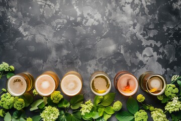Overhead shot of beers surrounded by hops - obrazy, fototapety, plakaty
