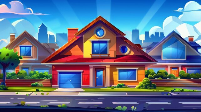Cottages with garages in suburban areas. Modern cartoon illustration of village mansion facades. Summer landscape and silhouettes of private houses in the countryside.