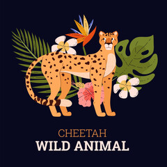 Naklejka premium Jungle cheetah with exotic plants vector illustration