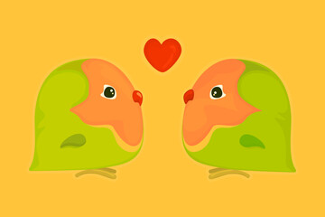 A bright card depicting two cartoon lovebirds with a heart in the middle on an orange background. Postcard with love birds 
