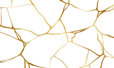 Gold kintsugi crack repair marble texture vector illustration isolated on white background. Broken foil marble pattern with golden dry cracks. Wedding card, cover or pattern Japanese motif background.