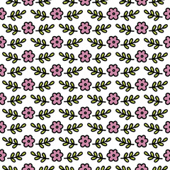delicate pink purple botanical tiny flowers and leaves in regular rows spring season holiday vector seamless pattern set on white background