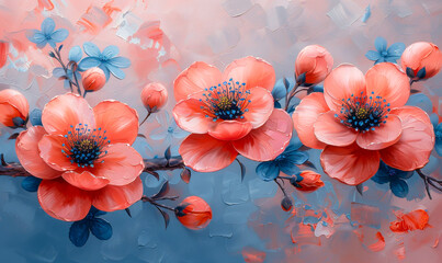 Peach-Toned Spring Flowers with Blue Hues Oil Painting on Canvas