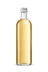 Yellow soda in glass bottle closed with aluminum screw cap isolated. Transparent PNG image.