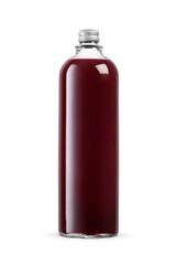 Red juice in a glass bottle closed with aluminum screw cap isolated. Transparent PNG image.