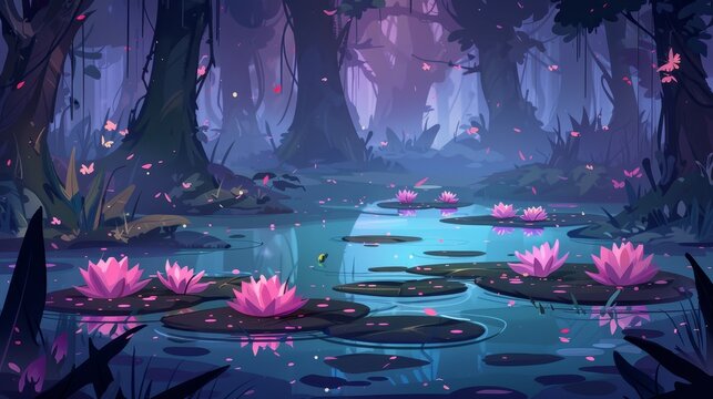 Forest with swamps and water lilies. Computer games background, fantasy mystic landscape view with pond covered with ooze, Cartoon modern illustration.