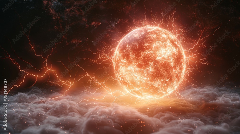 Poster 3d modern illustration of a powerful electrical discharge and lightning strike on a transparent back