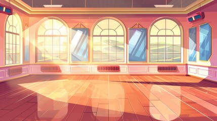 A dance studio in an empty ballet class with mirrors and a wooden floor. A rehearsal room for lessons with handrails and banners on the walls of the dance hall. Cartoon illustration of a dance studio - obrazy, fototapety, plakaty