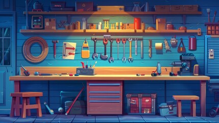 In the garage, instruments and tools for carpentry and repair works are displayed. On the workbench, there is a mitre saw and toolbox. On the wall board, there are screwdrivers, pliers, and hammers. - obrazy, fototapety, plakaty