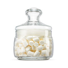 Transparent glass jar of sweet tasty puffy marshmallows isolated. Transparent PNG image.