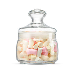 Transparent glass jar of different colors sweet tasty puffy marshmallows isolated. Transparent PNG image.