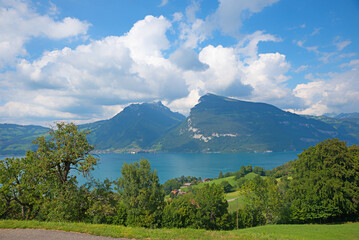 idyllic landscape Bernese Oberland, view to Niederhorn mountain and lake Thunersee