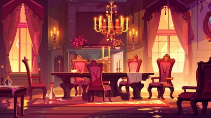 Victorian-style dining room interior with feast table, chairs, and chandelier. Modern illustration of vintage baroque furniture in old banquet hall with candles, flowers, and goblets. - obrazy, fototapety, plakaty