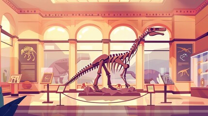 A cartoon illustration of an historical museum interior with dinosaur skeletons and archeological exhibits. Prehistoric animals and ancient artifacts are shown. - obrazy, fototapety, plakaty