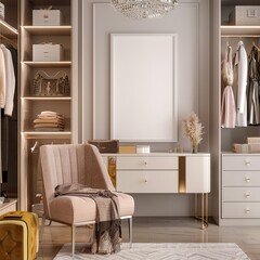 A luxury walk-in closet with designer wardrobes and a white frame mockup for high-fashion photography. 