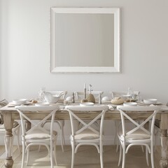 A rustic dining room with a farmhouse table set for a meal, and a white frame mockup on the wall, great for family memories. 